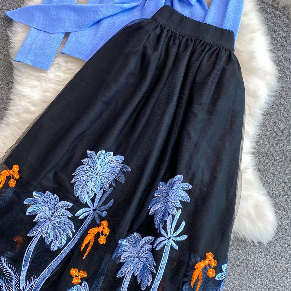 Women Blue Knit Tops Embroidery A-line Midi Skirt 2 Piece Sets dylinoshop