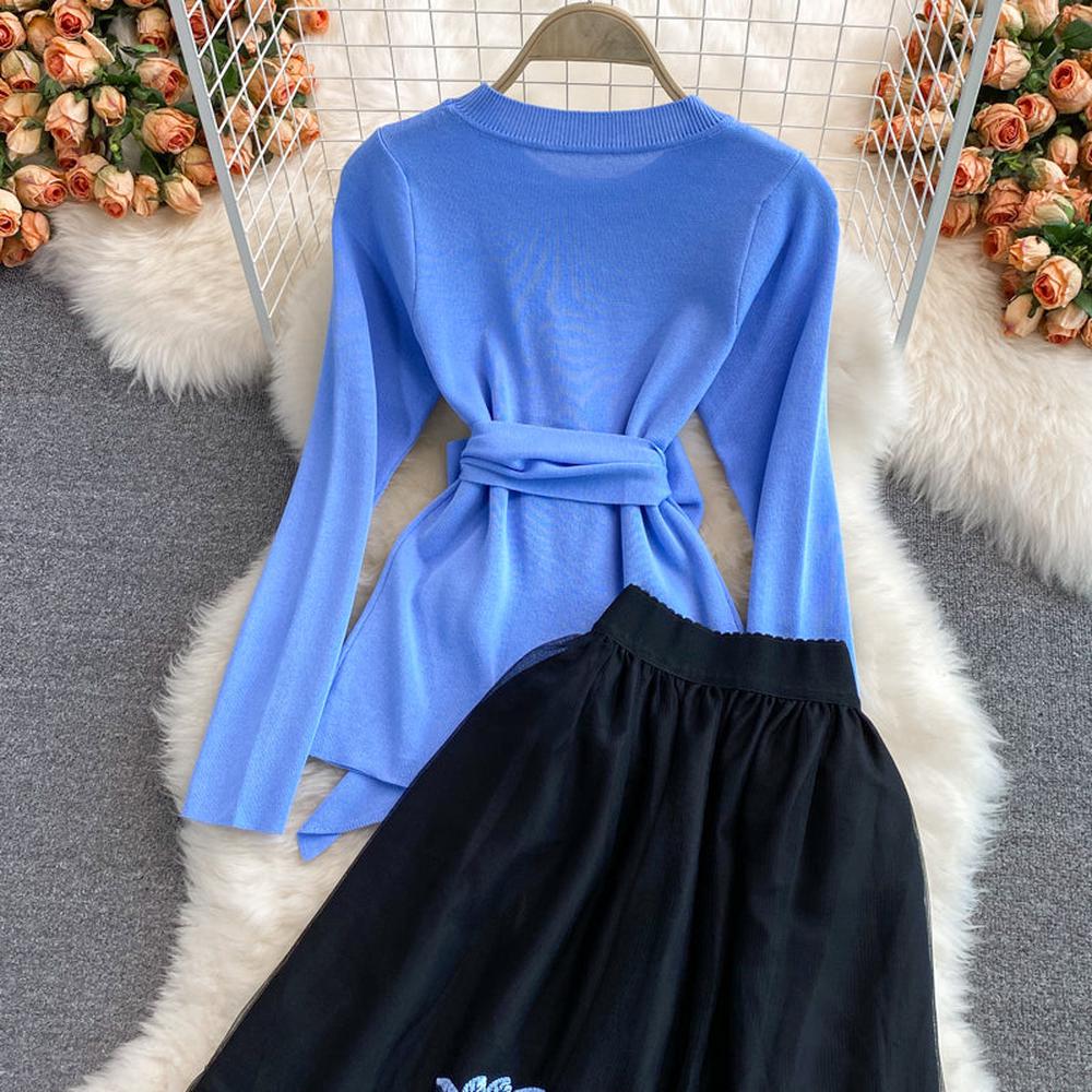 Women Blue Knit Tops Embroidery A-line Midi Skirt 2 Piece Sets dylinoshop