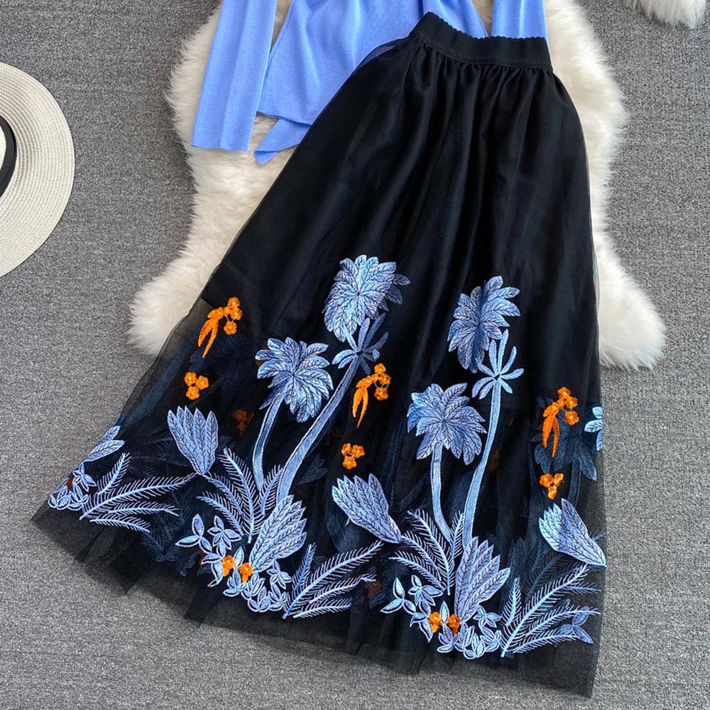 Women Blue Knit Tops Embroidery A-line Midi Skirt 2 Piece Sets dylinoshop