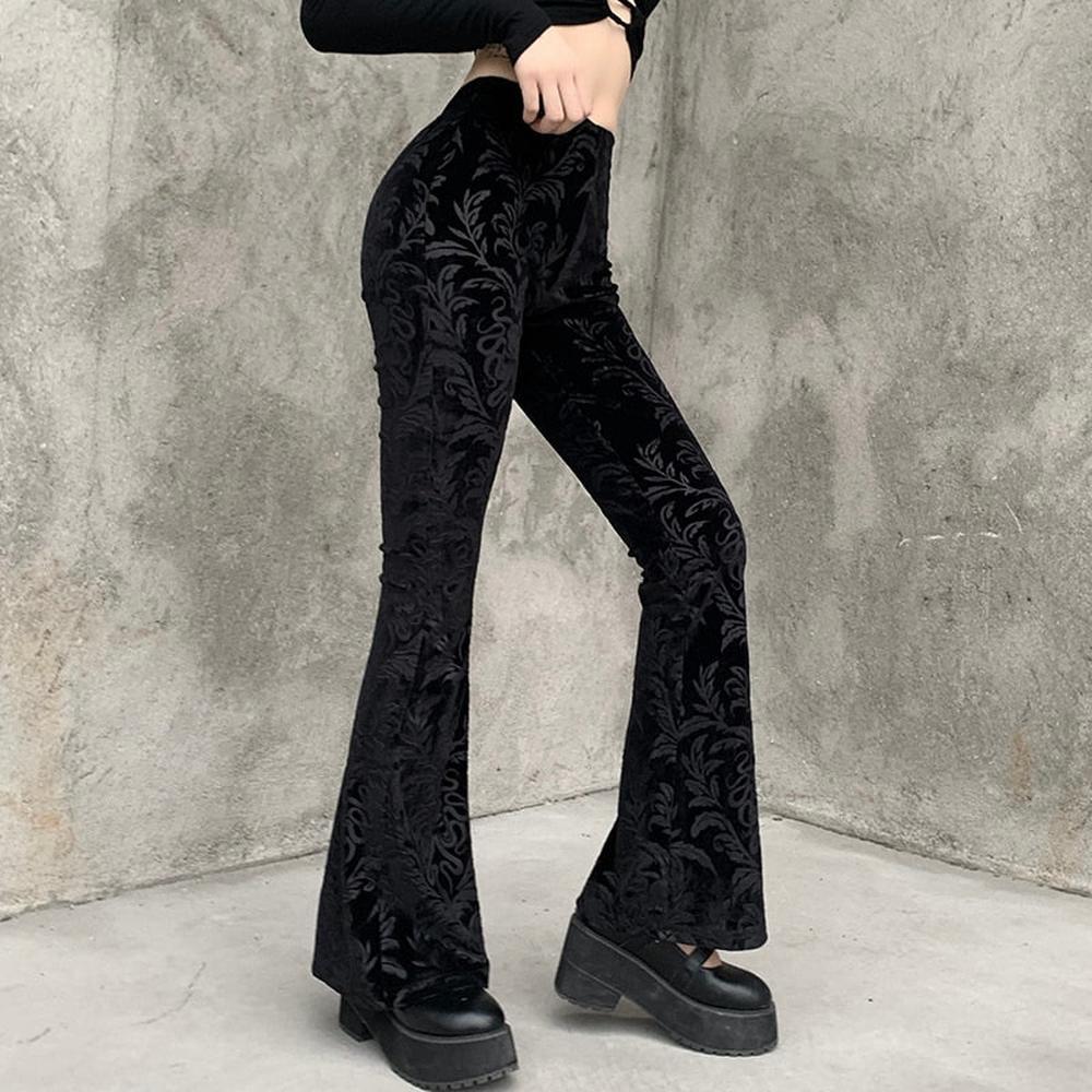 Women Retro Gothic Print Black Pants Goth Harajuku High Waist Flared Pants dylinoshop