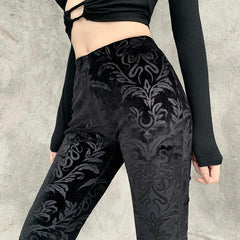 Women Retro Gothic Print Black Pants Goth Harajuku High Waist Flared Pants dylinoshop