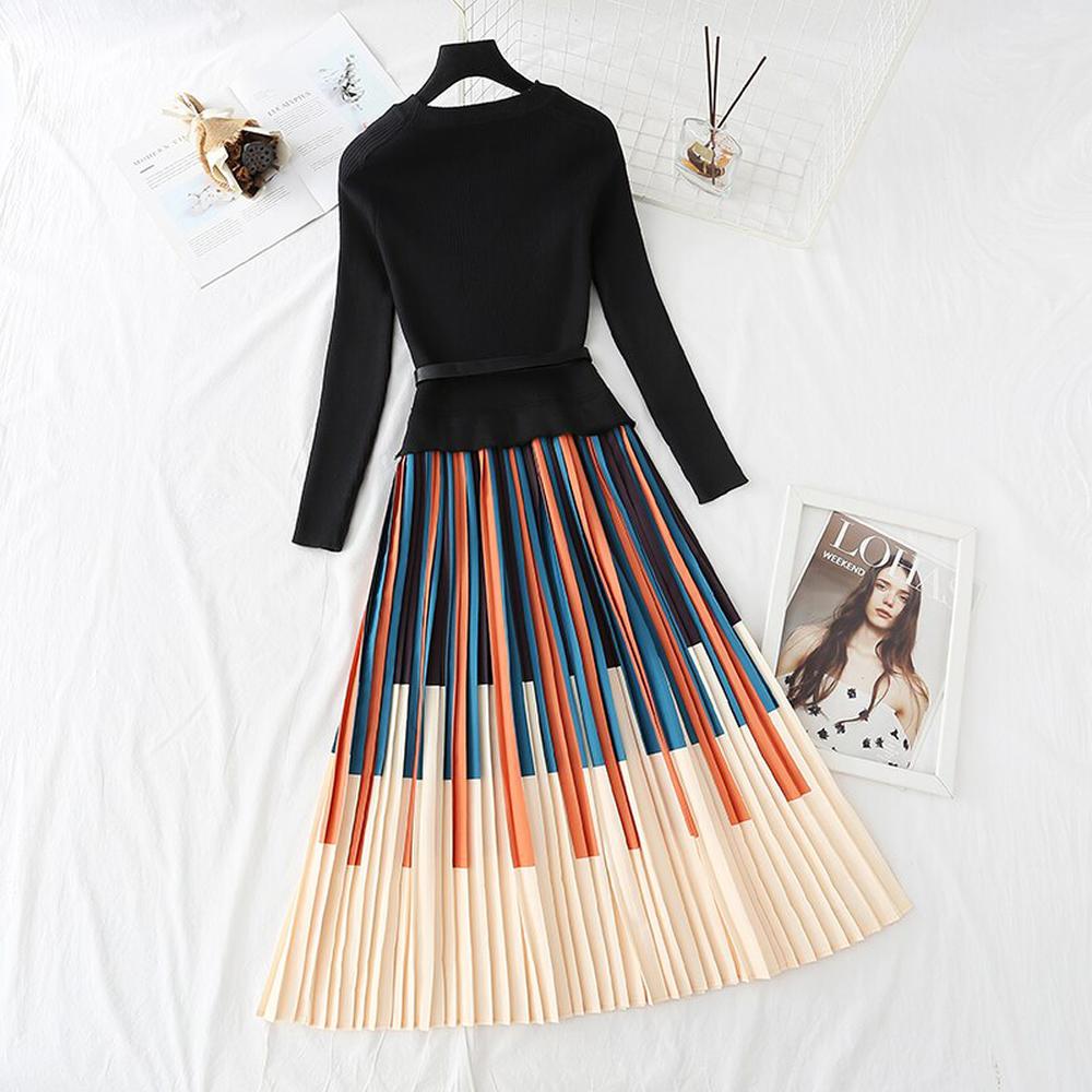 Women Elegant Striped Print Knitted Stitching Pleated Dress Thick Pullover Sweater dylinoshop