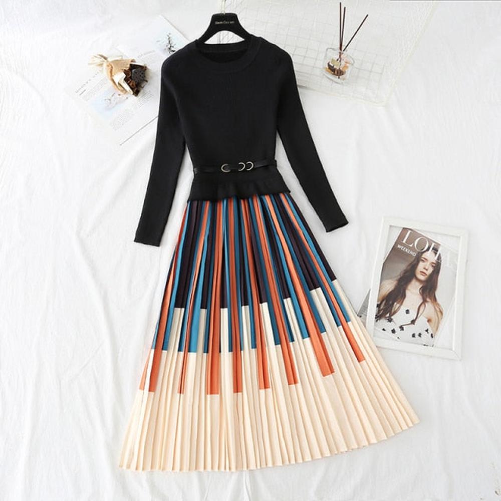 Women Elegant Striped Print Knitted Stitching Pleated Dress Thick Pullover Sweater dylinoshop