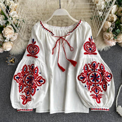 Women Retro Blouse Embroidered Lace-Up Tassel V-Neck Lantern Sleeve Tops dylinoshop