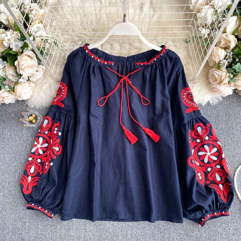 Women Retro Blouse Embroidered Lace-Up Tassel V-Neck Lantern Sleeve Tops dylinoshop