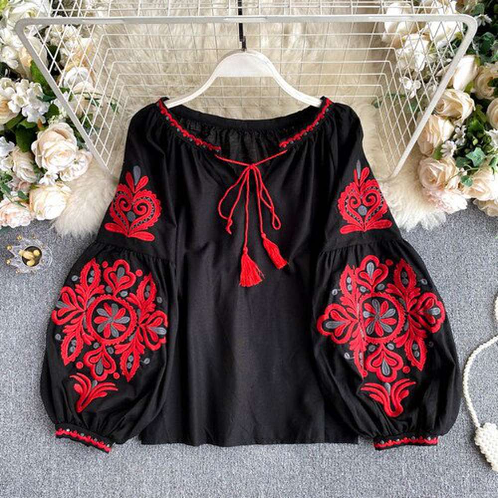 Women Retro Blouse Embroidered Lace-Up Tassel V-Neck Lantern Sleeve Tops dylinoshop