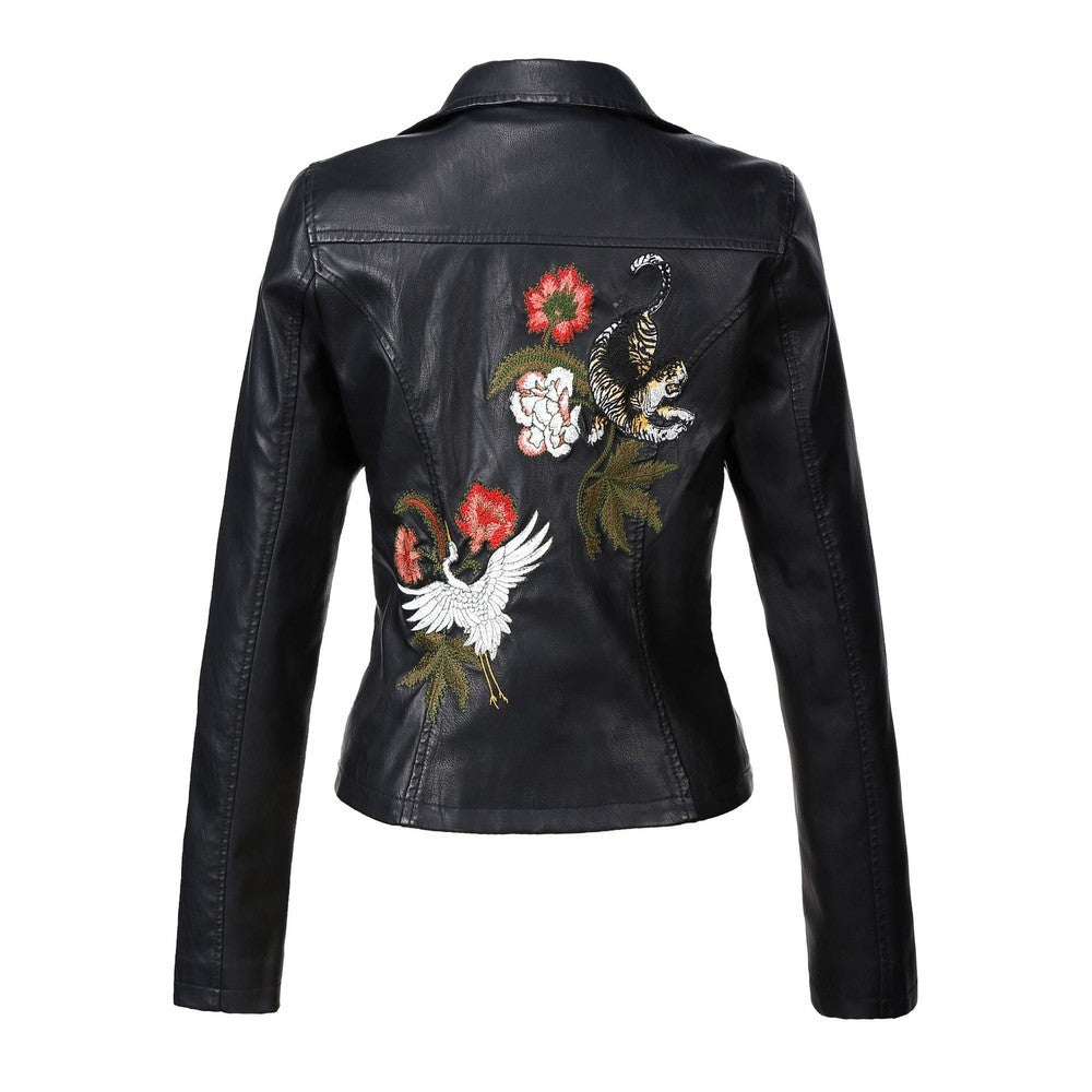 Women Flowers Embroidery Pu Leather Jacket Rivet Zipper Black Biker Coat dylinoshop