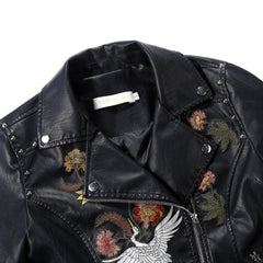 Women Flowers Embroidery Pu Leather Jacket Rivet Zipper Black Biker Coat dylinoshop