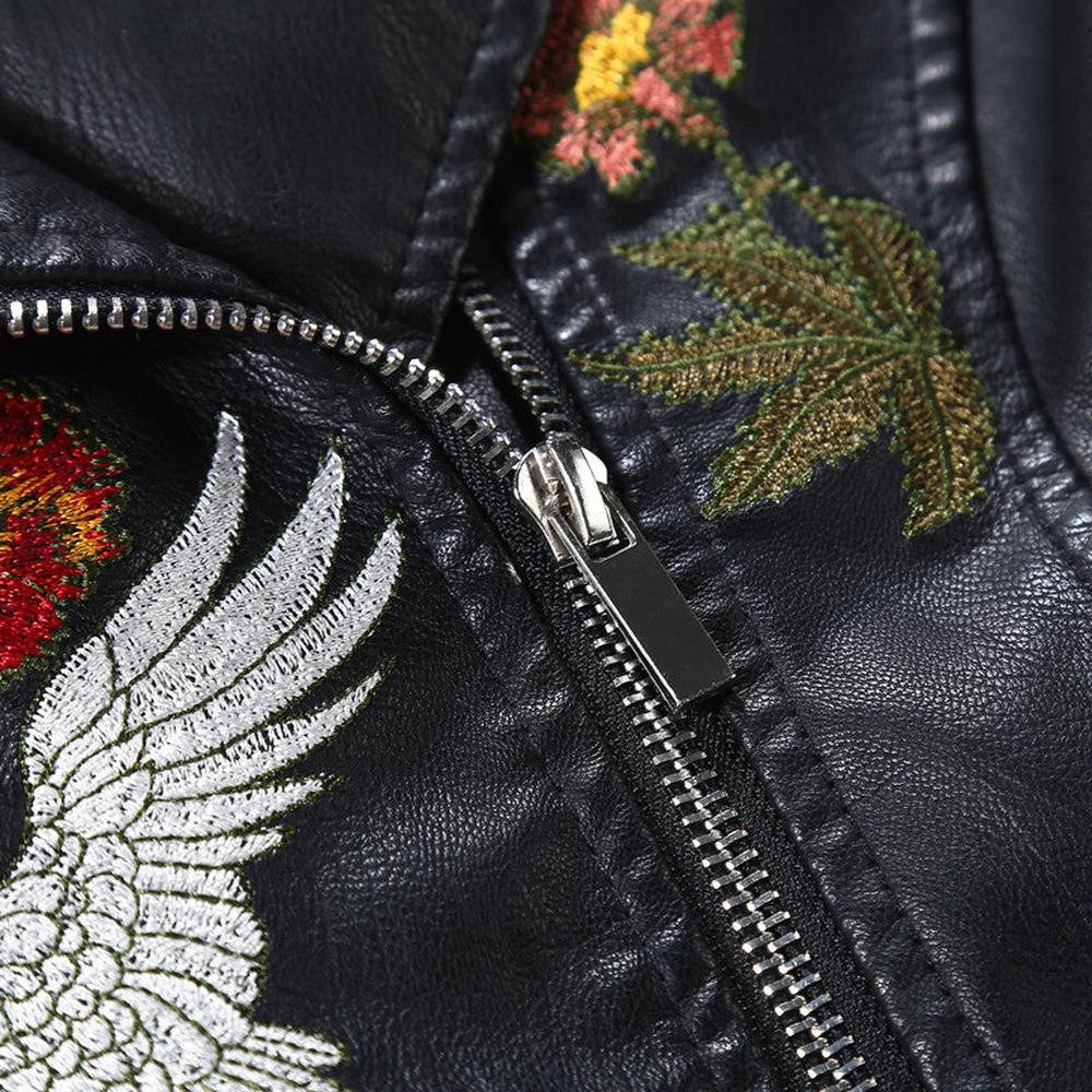 Women Flowers Embroidery Pu Leather Jacket Rivet Zipper Black Biker Coat dylinoshop