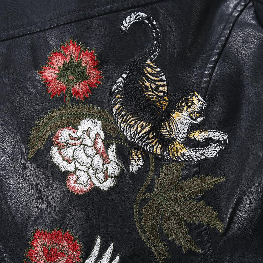 Women Flowers Embroidery Pu Leather Jacket Rivet Zipper Black Biker Coat dylinoshop