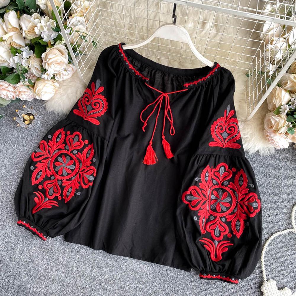 Women Retro Blouse Embroidered Lace-Up Tassel V-Neck Lantern Sleeve Tops dylinoshop