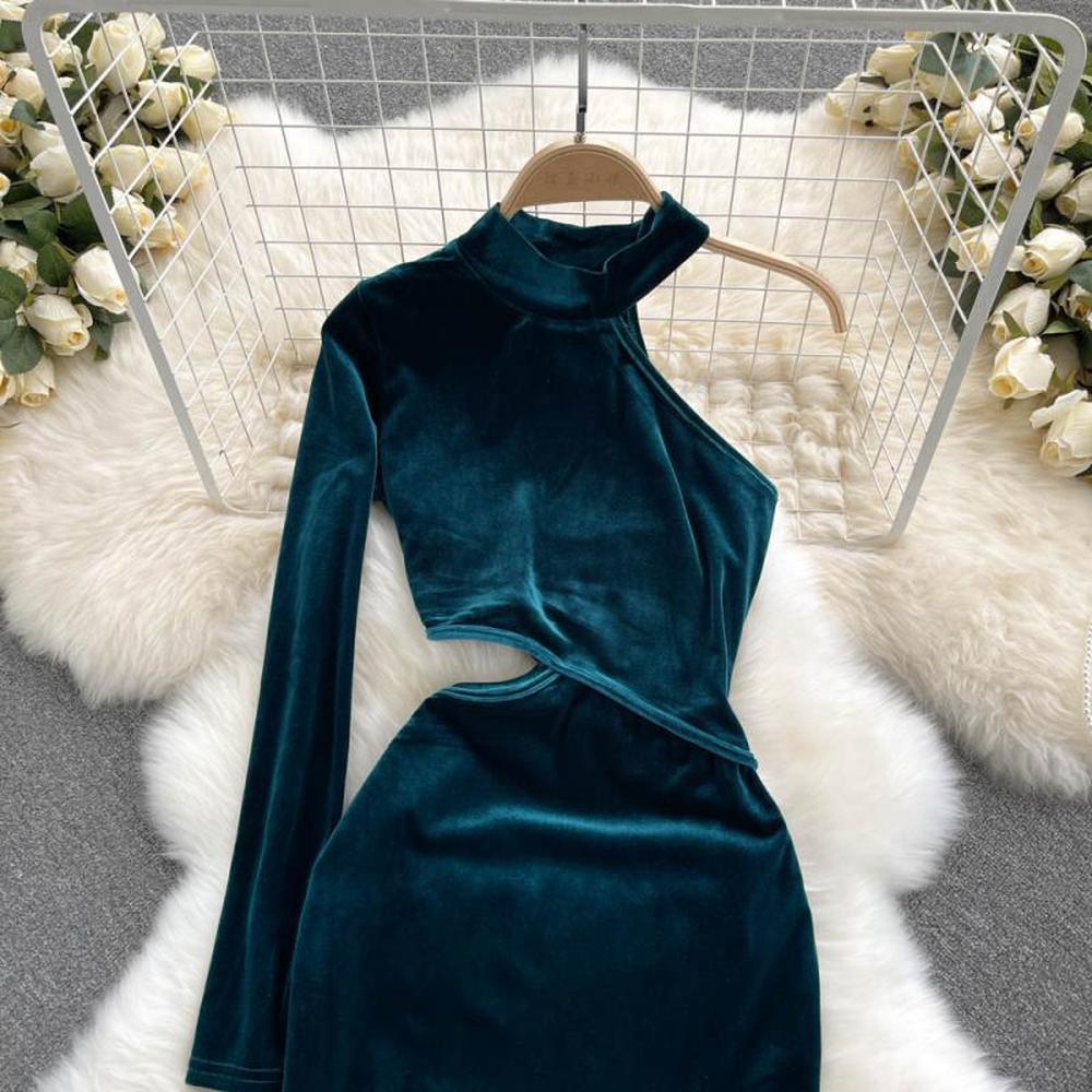 Women French Halter Velvet Dress One-Sleeve Hollow Out Slim Waist Pencil Dress dylinoshop