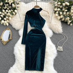 Women French Halter Velvet Dress One-Sleeve Hollow Out Slim Waist Pencil Dress dylinoshop