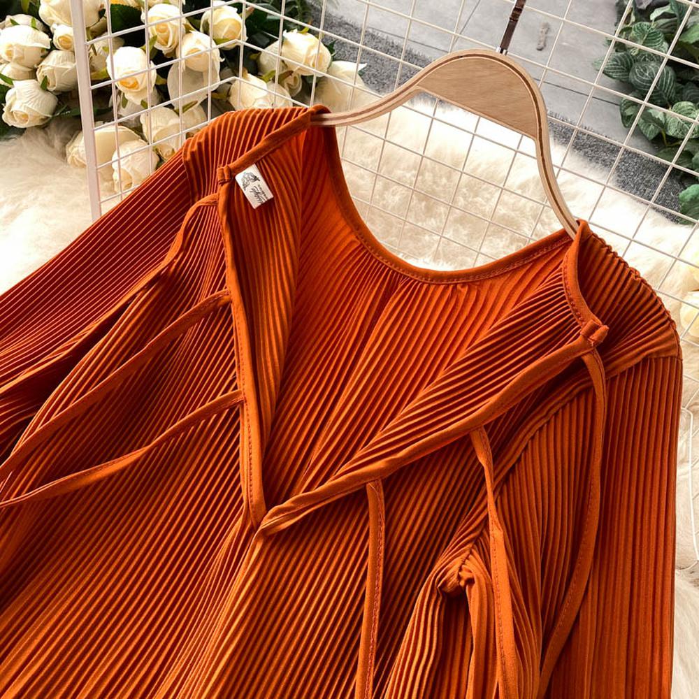 Women Vintage Pleated Chiffon Long Dress Casual Solid O-Neck Draped Robe dylinoshop