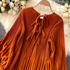 Women Vintage Pleated Chiffon Long Dress Casual Solid O-Neck Draped Robe dylinoshop