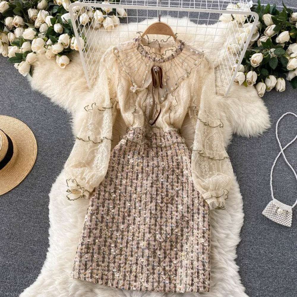 Women Runway Mesh Embroidery Patchwork Sequins Tweed Wool Dress dylinoshop