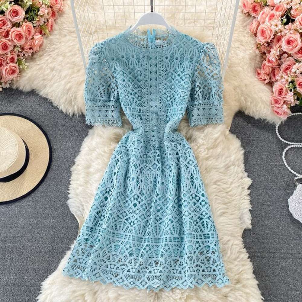 Women High Waist Elegant Short Sleeve Mini Vintage O-neck Dress dylinoshop