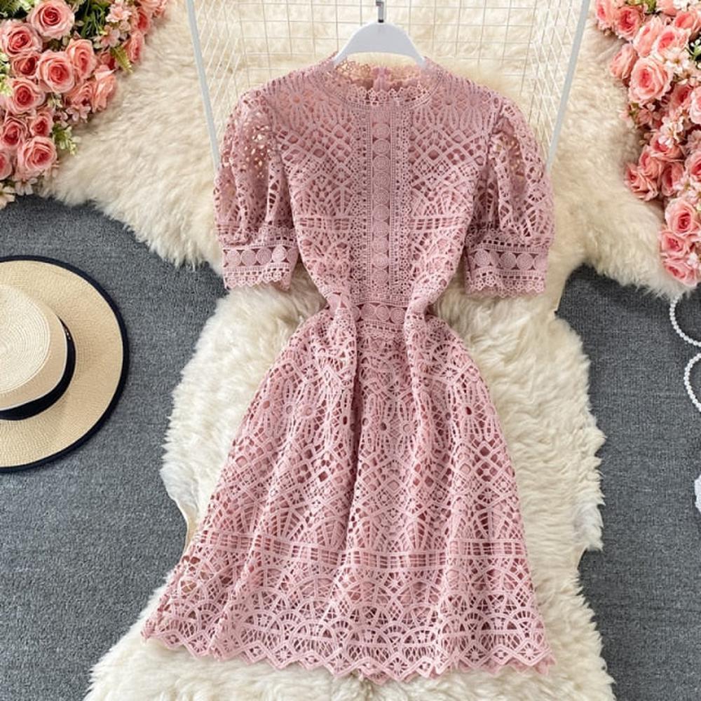 Women High Waist Elegant Short Sleeve Mini Vintage O-neck Dress dylinoshop