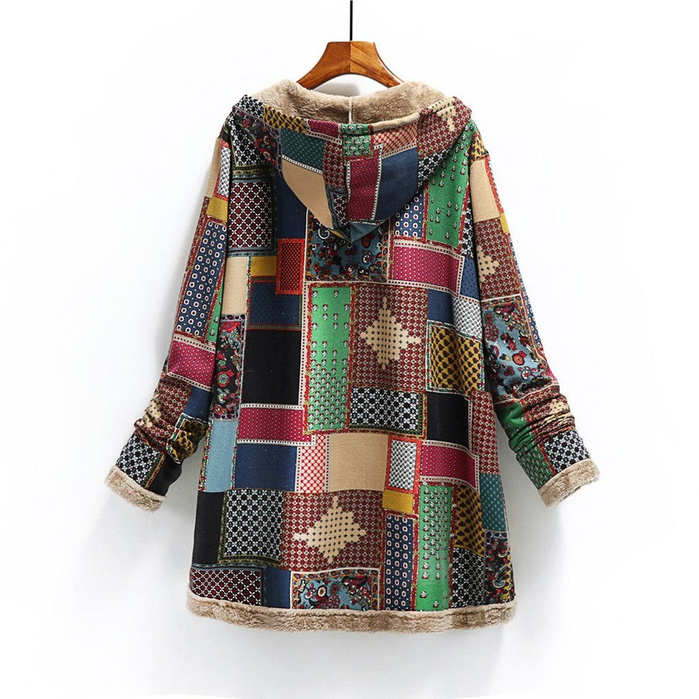 Women Printing Thick Fleece Hooded Loose Jacket dylinoshop