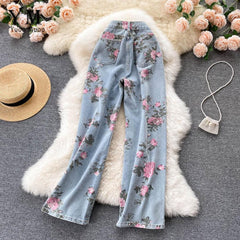 Women Rose Flower Print Blue Jeans Long Denim Trousers dylinoshop