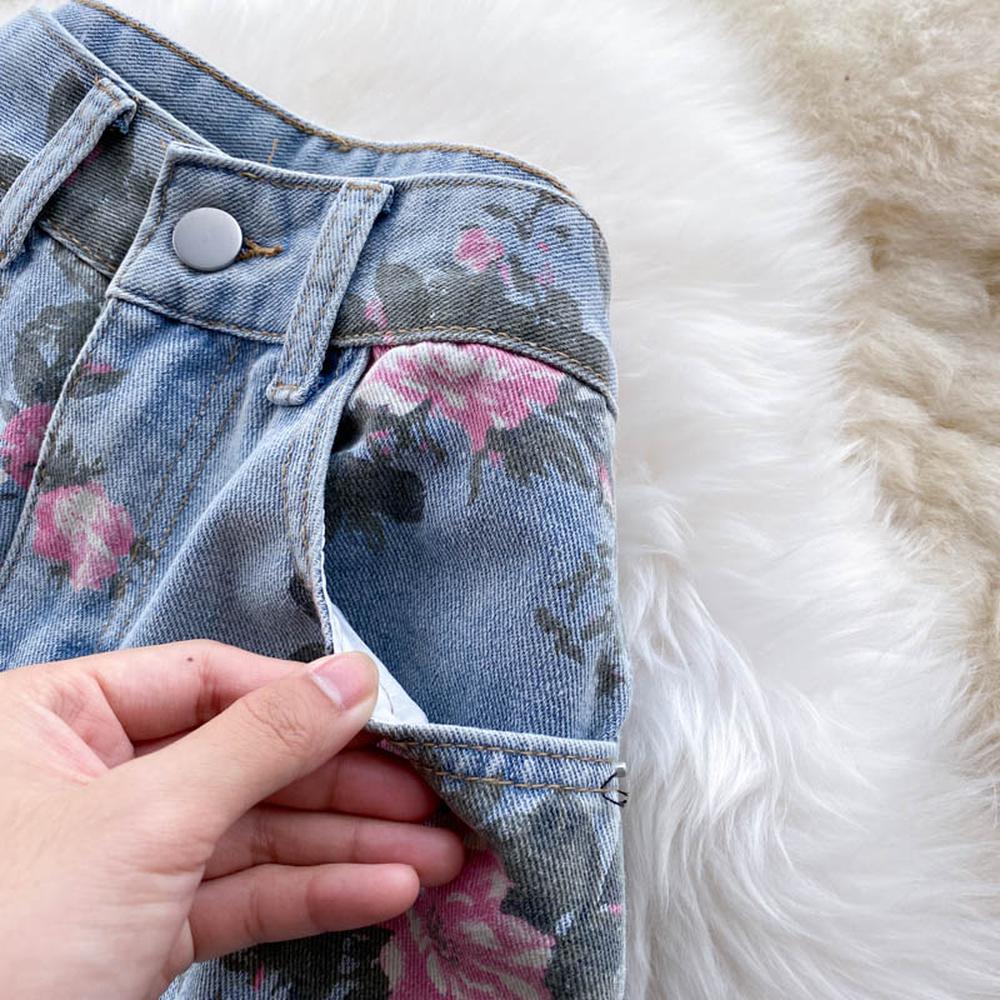 Women Rose Flower Print Blue Jeans Long Denim Trousers dylinoshop