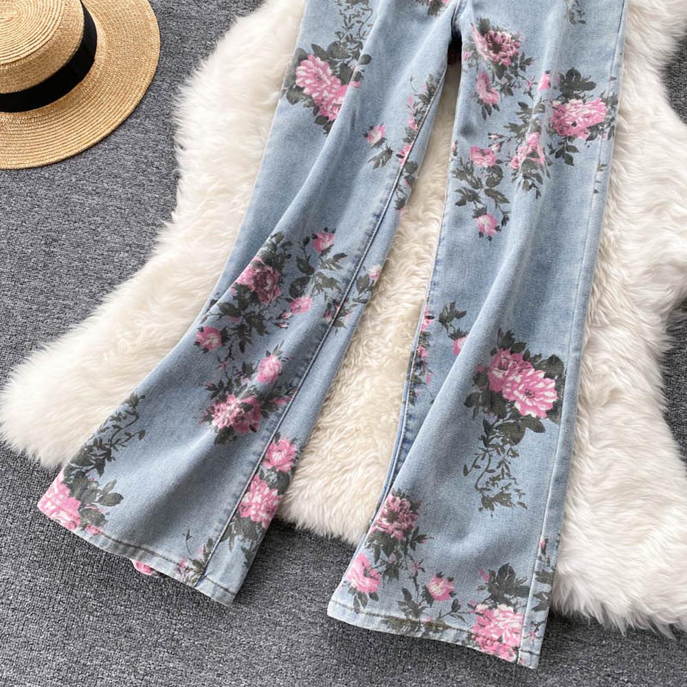 Women Rose Flower Print Blue Jeans Long Denim Trousers dylinoshop