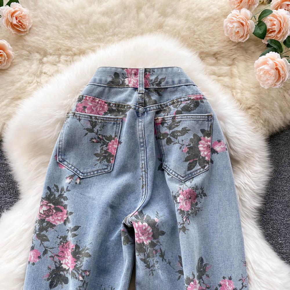 Women Rose Flower Print Blue Jeans Long Denim Trousers dylinoshop