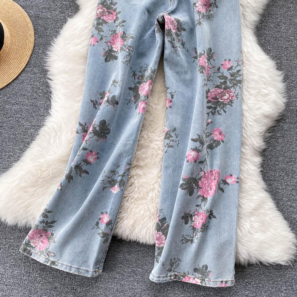 Women Rose Flower Print Blue Jeans Long Denim Trousers dylinoshop