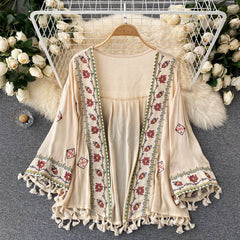 Women Bohemian Embroidered Tassel Chiffon Cardigan dylinoshop