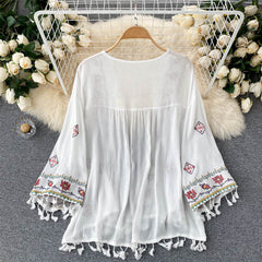 Women Bohemian Embroidered Tassel Chiffon Cardigan dylinoshop