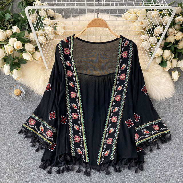 Women Bohemian Embroidered Tassel Chiffon Cardigan dylinoshop