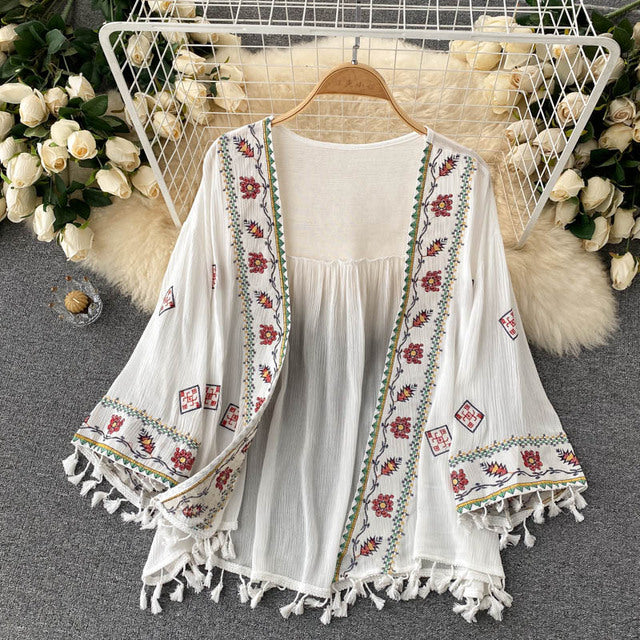 Women Bohemian Embroidered Tassel Chiffon Cardigan dylinoshop