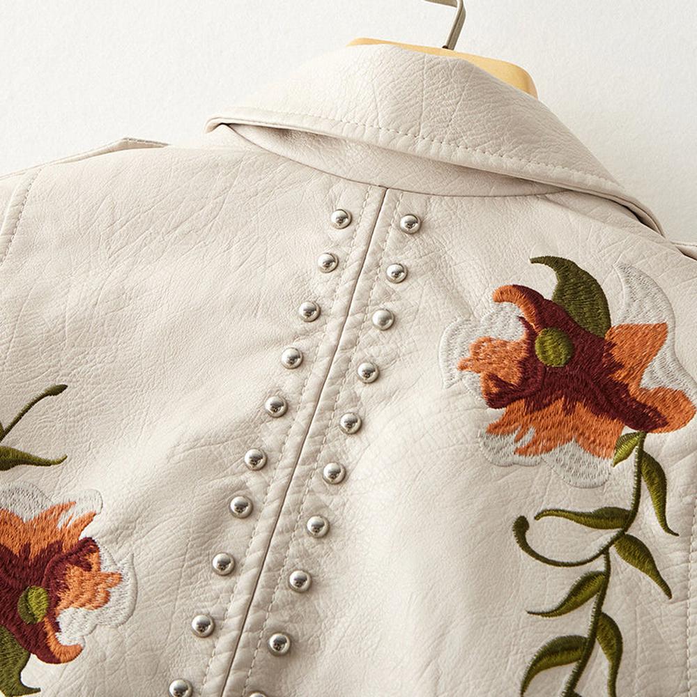 Women Retro Floral Print Embroidery Faux Soft Leather Jacket dylinoshop