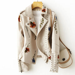 Women Retro Floral Print Embroidery Faux Soft Leather Jacket dylinoshop