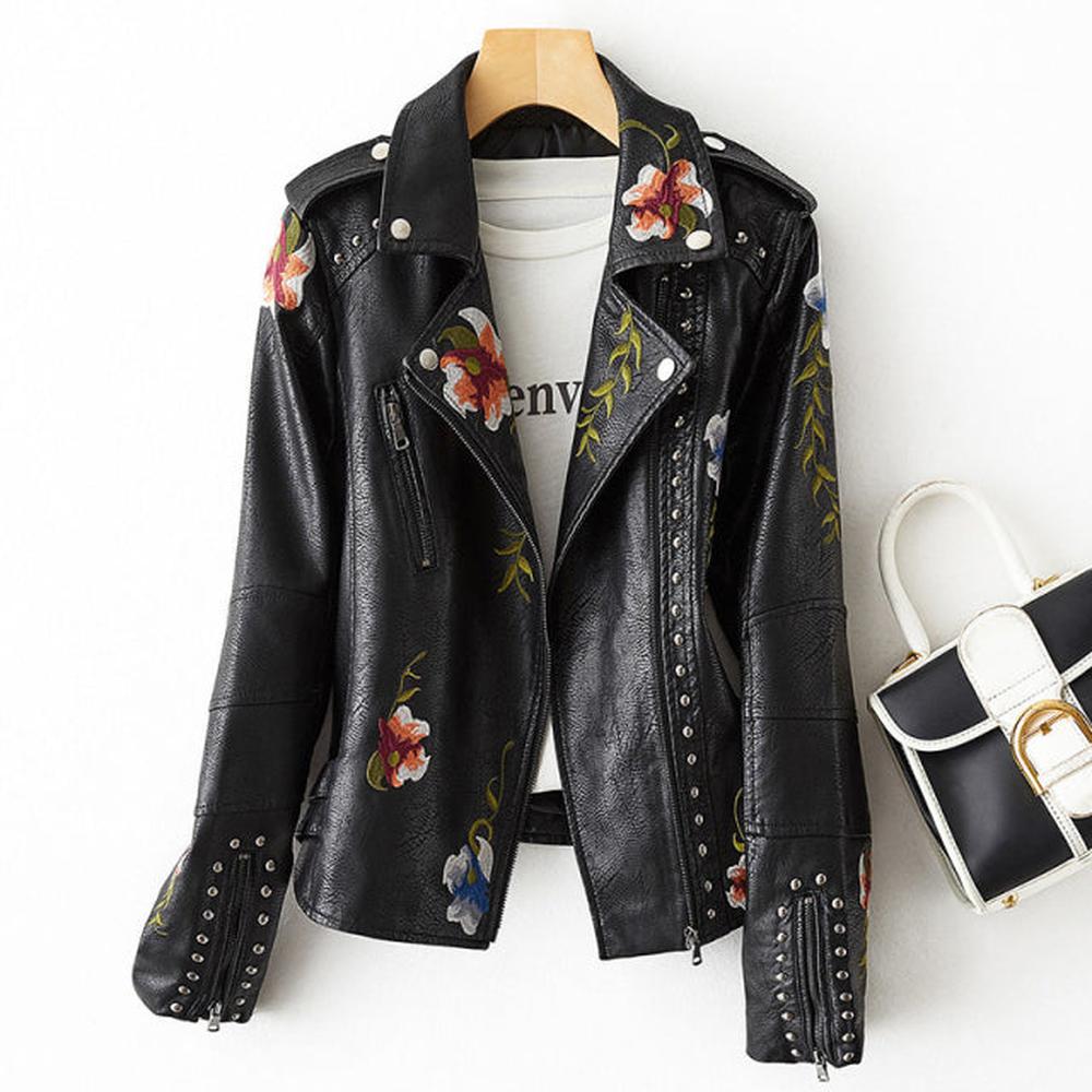 Women Retro Floral Print Embroidery Faux Soft Leather Jacket dylinoshop