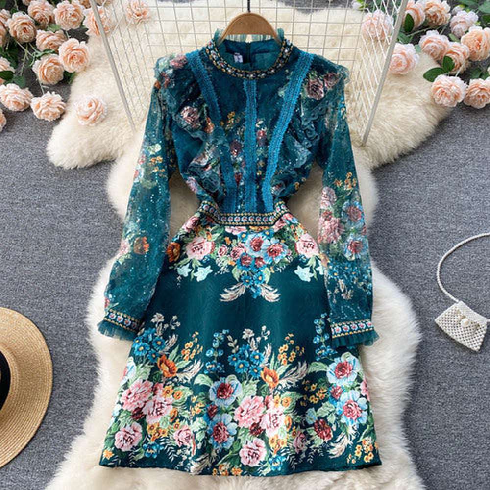 Women French Lace Stitching Beaded Jacquard Dress dylinoshop