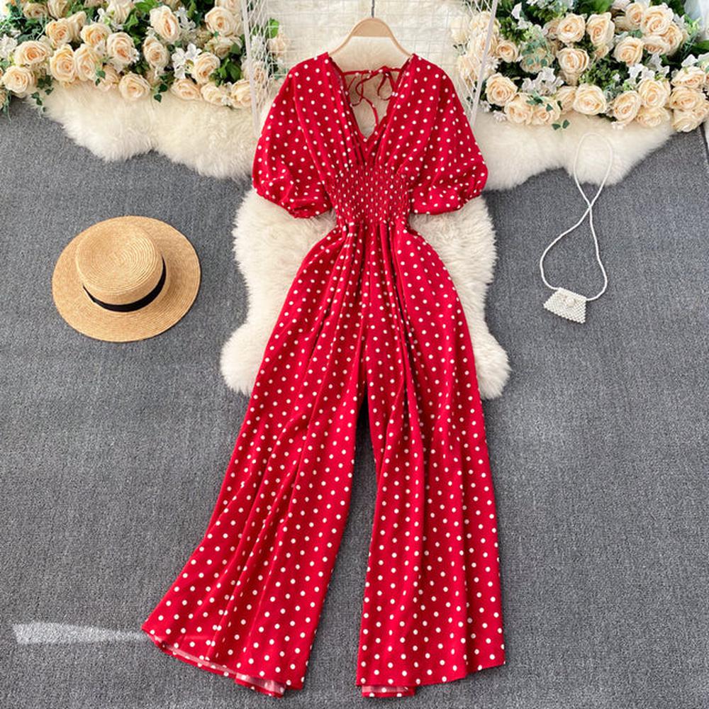 Women Polka Dot Romper Elegant V-Neck Jumpsuit dylinoshop