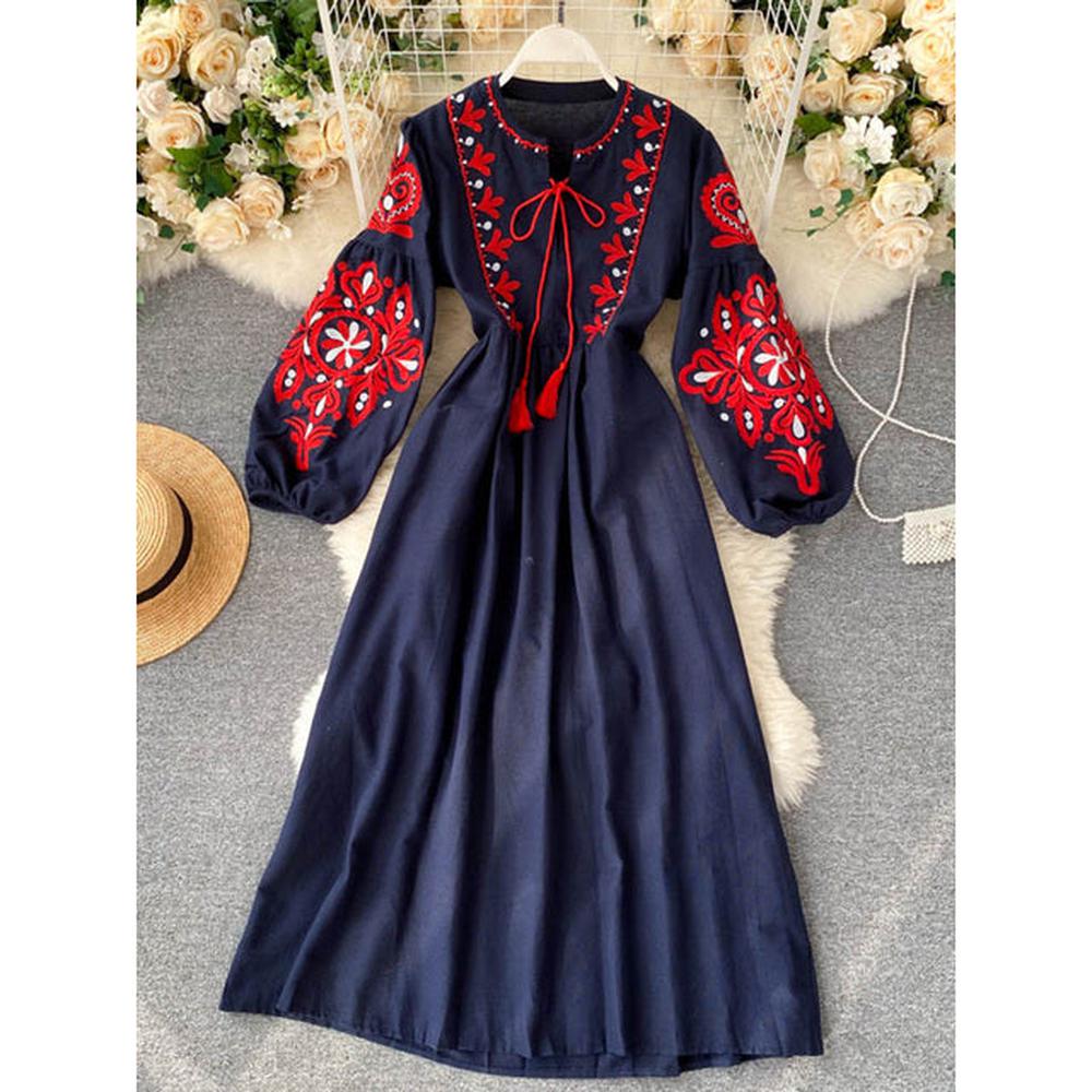 Women Bohemian Embroidered Flower O-Neck Lantern Sleeve Pleated Dress dylinoshop