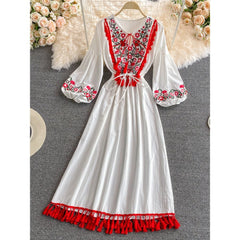 Women Retro Embroidery V-neck Puff Sleeve Large Dress dylinoshop