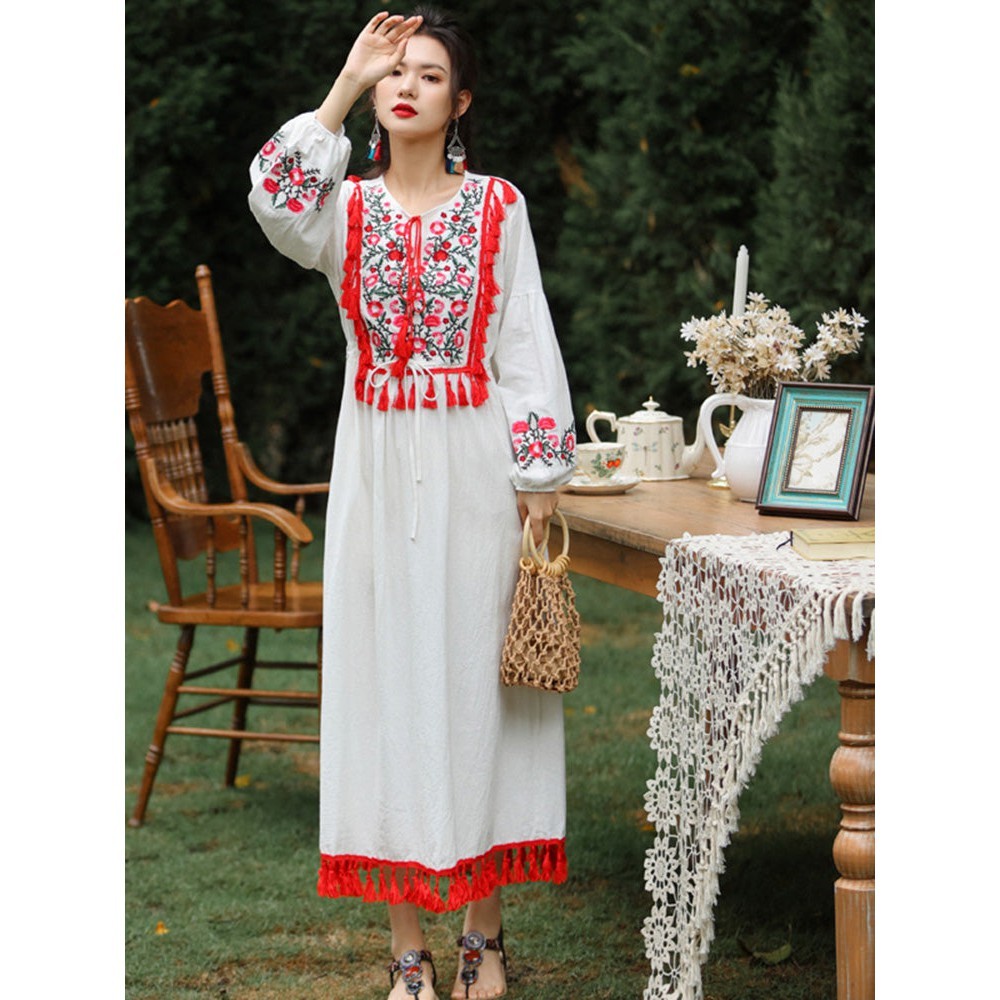 Women Retro Embroidery V-neck Puff Sleeve Large Dress dylinoshop