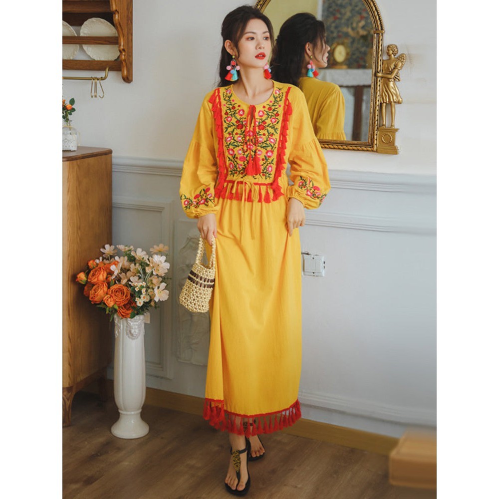 Women Retro Embroidery V-neck Puff Sleeve Large Dress dylinoshop