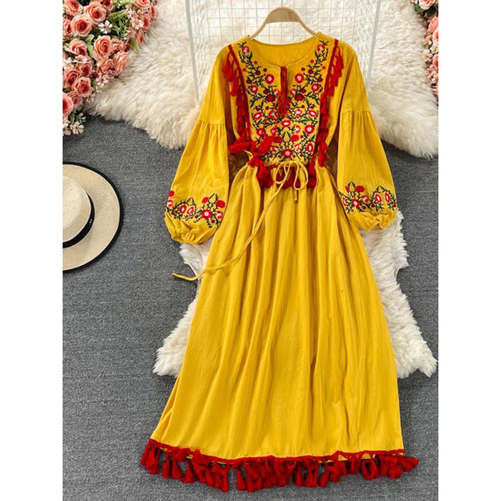 Women Retro Embroidery V-neck Puff Sleeve Large Dress dylinoshop