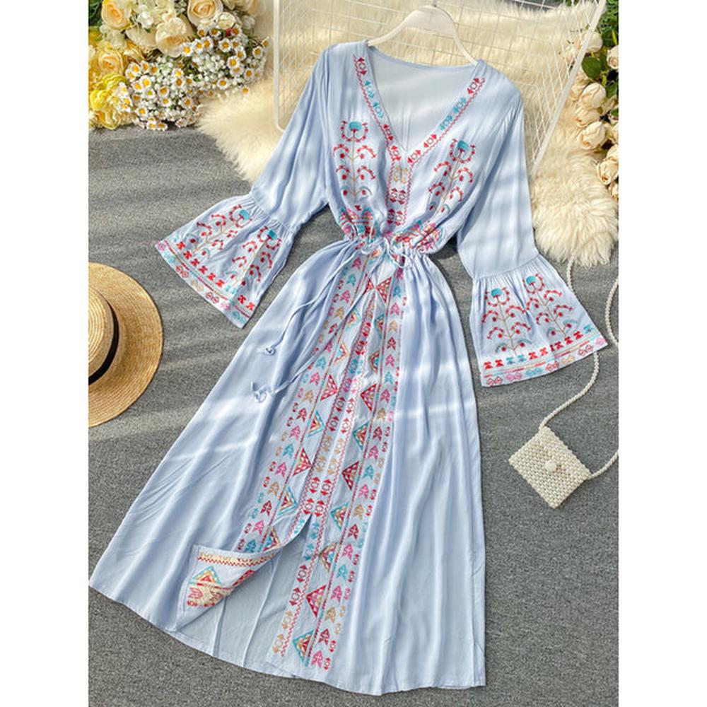 Women Embroidery Drawstring Trumpet Sleeves Ethnic Style Waist Long Dress dylinoshop