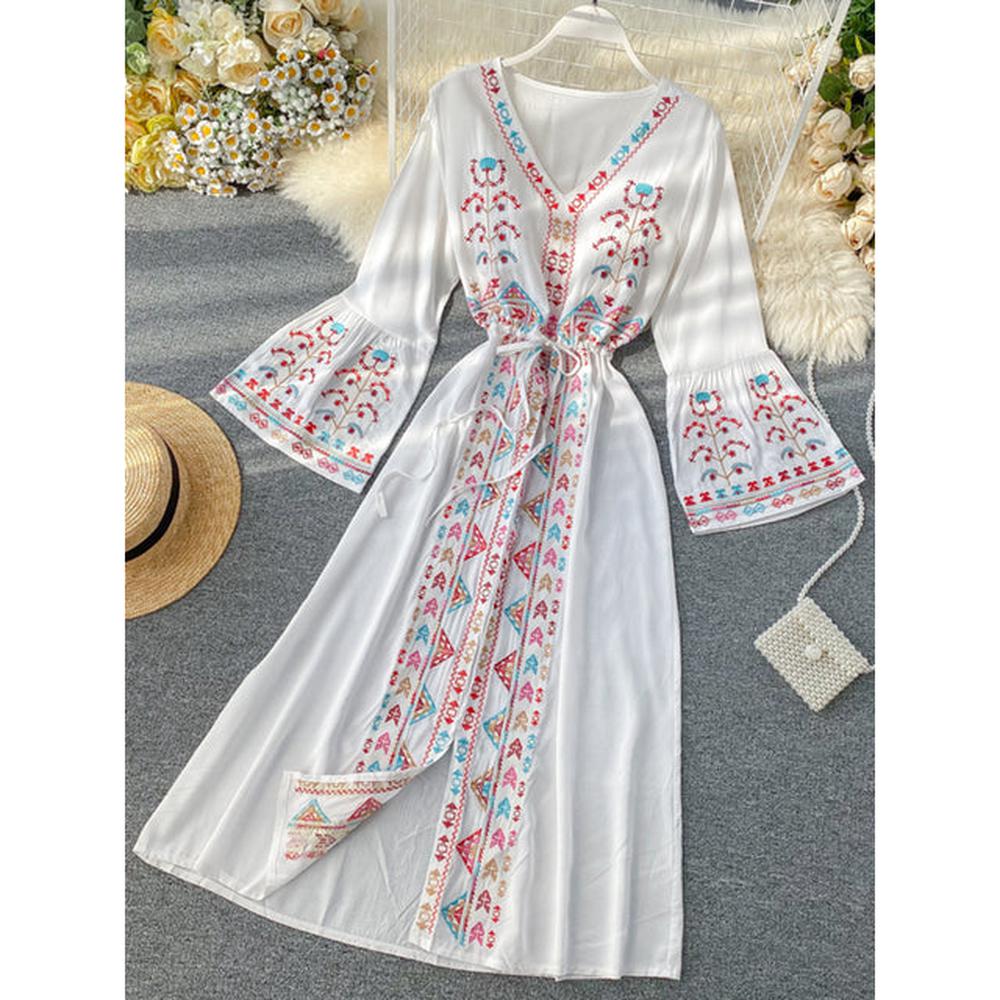 Women Embroidery Drawstring Trumpet Sleeves Ethnic Style Waist Long Dress dylinoshop