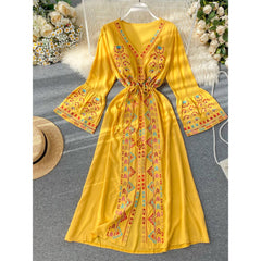 Women Embroidery Drawstring Trumpet Sleeves Ethnic Style Waist Long Dress dylinoshop