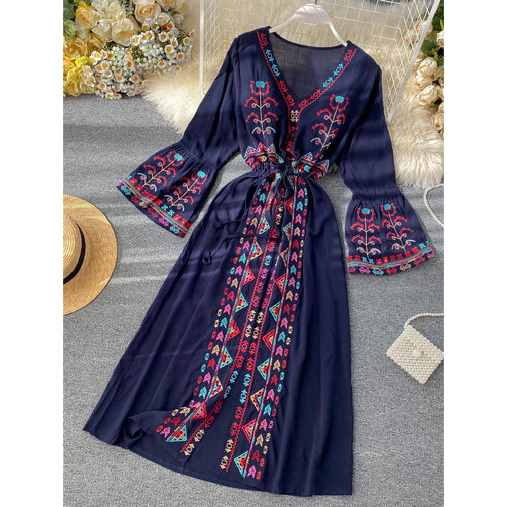 Women Embroidery Drawstring Trumpet Sleeves Ethnic Style Waist Long Dress dylinoshop