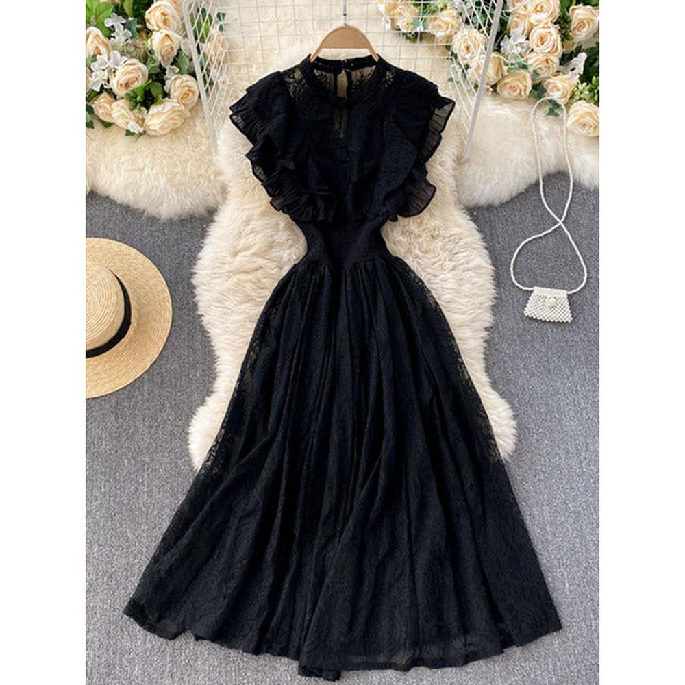 Women Vestidos French Elegant Pleated Ruffled Waist Temperament Lace Midi Dress dylinoshop