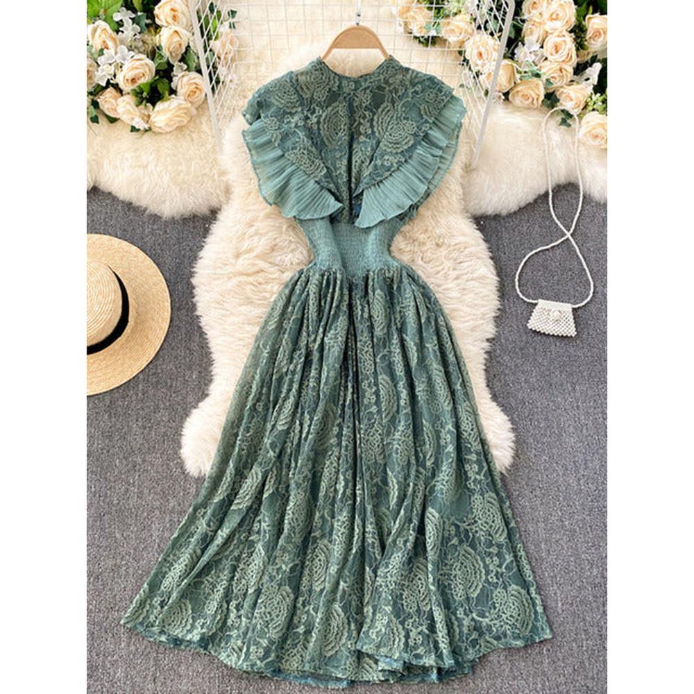 Women Vestidos French Elegant Pleated Ruffled Waist Temperament Lace Midi Dress dylinoshop