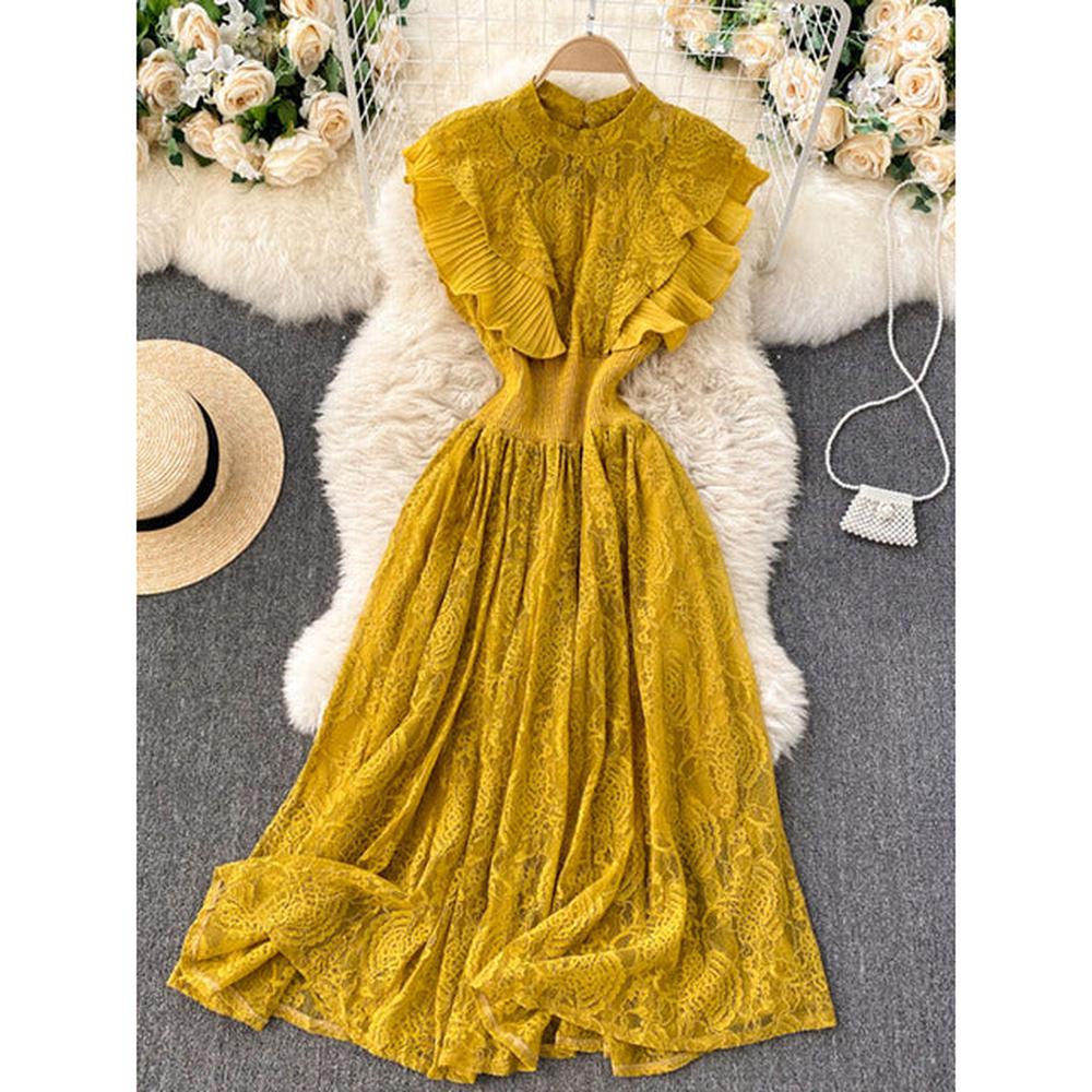 Women Vestidos French Elegant Pleated Ruffled Waist Temperament Lace Midi Dress dylinoshop