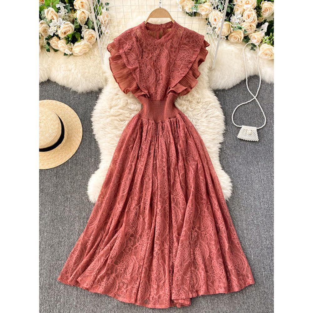 Women Vestidos French Elegant Pleated Ruffled Waist Temperament Lace Midi Dress dylinoshop